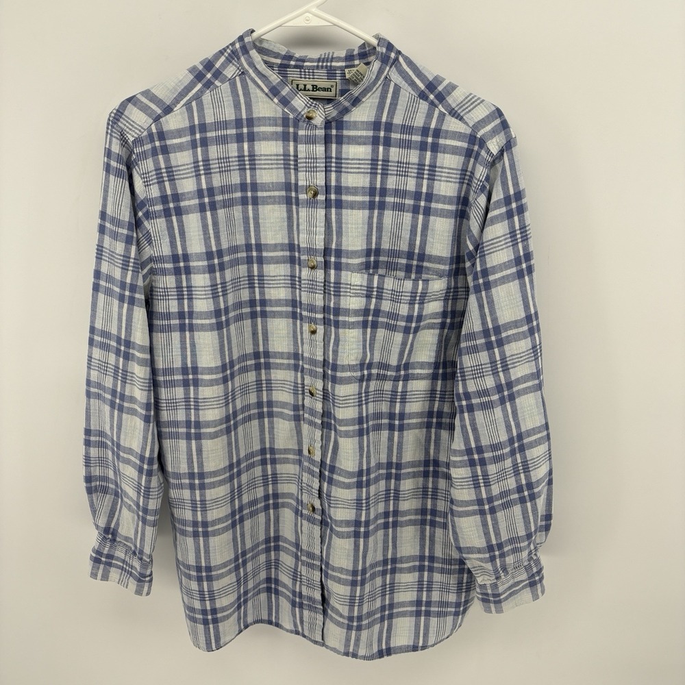 Vintage‎ L.L.Bean Womens M Linen Cotton Plaid Band Collar Button Up Shirt